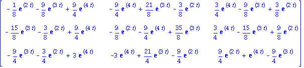 matrix([[-1/8*exp(2*t)-9/8*exp(3*t)+9/4*exp(4*t), -9/4*exp(4*t)+21/8*exp(3*t)-3/8*exp(2*t), 3/4*exp(4*t)-9/8*exp(3*t)+3/8*exp(2*t)], [-15/8*exp(3*t)-3/8*exp(2*t)+9/4*exp(4*t), -9/8*exp(2*t)-9/4*exp(4*...