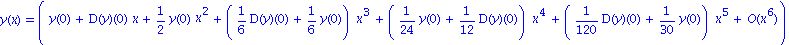 y(x) = (series(y(0)+D(y)(0)*x+1/2*y(0)*x^2+(1/6*D(y)(0)+1/6*y(0))*x^3+(1/24*y(0)+1/12*D(y)(0))*x^4+(1/120*D(y)(0)+1/30*y(0))*x^5+O(x^6),x,6))