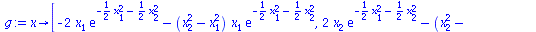 proc (x) options operator, arrow; [`+`(`-`(`*`(2, `*`(x[1], `*`(exp(`+`(`-`(`*`(`/`(1, 2), `*`(`^`(x[1], 2)))), `-`(`*`(`/`(1, 2), `*`(`^`(x[2], 2)))))))))), `-`(`*`(`+`(`*`(`^`(x[2], 2)), `-`(`*`(`^`...