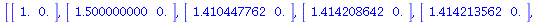 [array( 1 .. 2, [( 1 ) = 1., ( 2 ) = 0. ] ), array( 1 .. 2, [( 1 ) = 1.500000000, ( 2 ) = 0. ] ), array( 1 .. 2, [( 1 ) = 1.410447762, ( 2 ) = 0. ] ), array( 1 .. 2, [( 1 ) = 1.414208642, ( 2 ) = 0. ]...